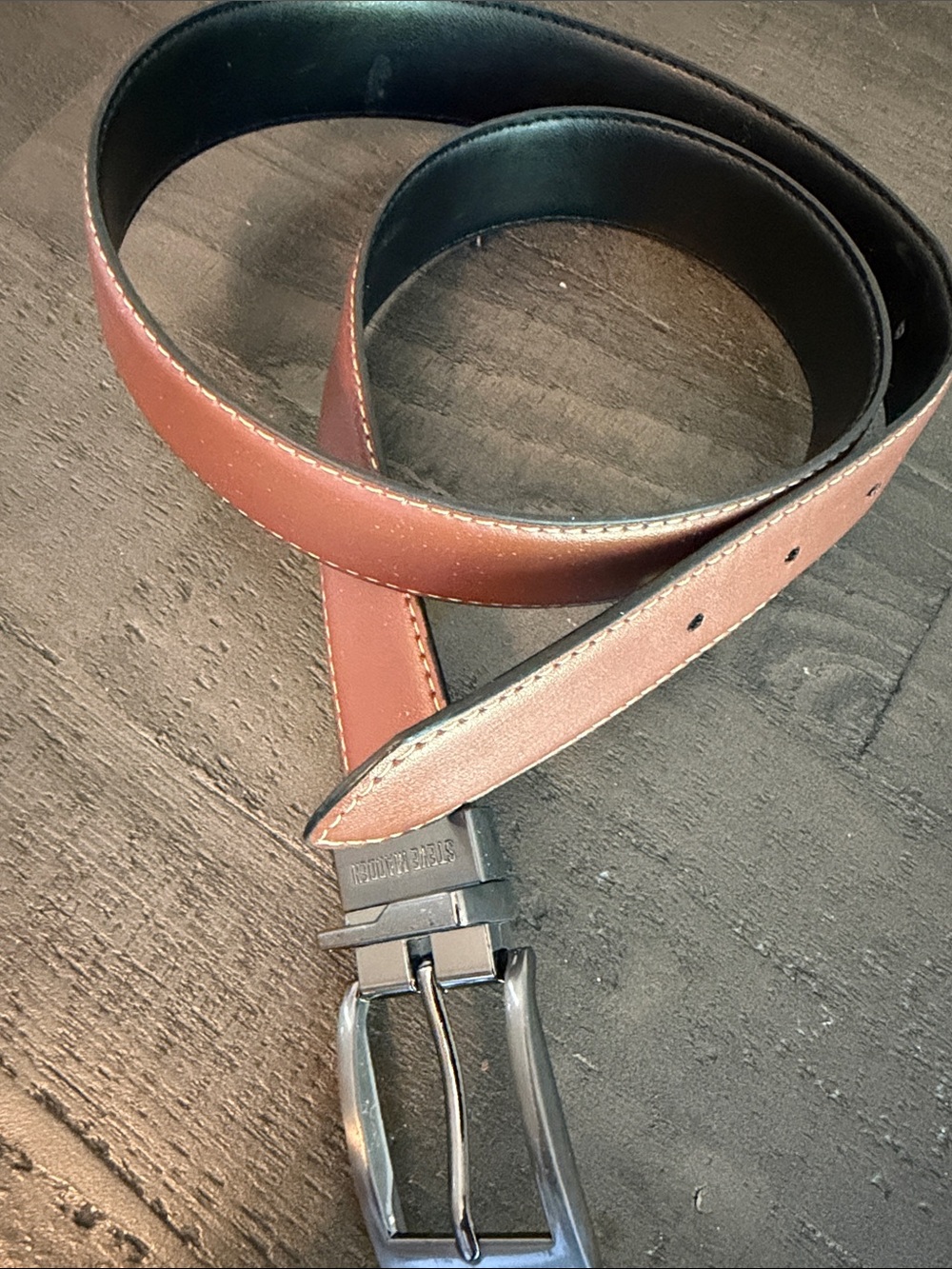Men's Reversible Brown/Black Leather Belt - Classic 30/32 Dark Pewter Buckle